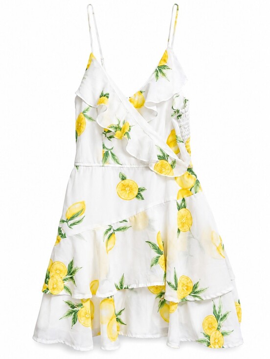 Japna Dresses & Skirts - Women’s Lemon Print Ruffle Mini Romper Dress White Yellow Floral Wrap Style